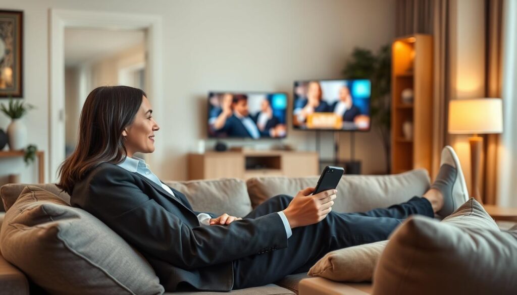 Generate an image of a person relaxing on a couch, watching their favourite TV show on a device with a Philo TV subscription.