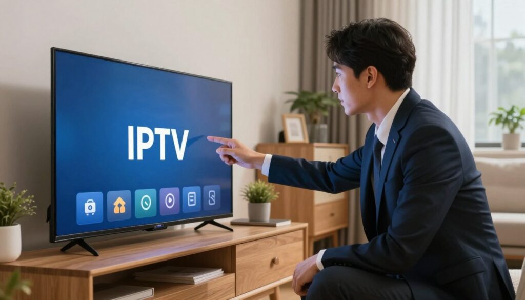 Generate an image of a person setting up IPTV on a smart TV Generate an image of a person setting up IPTV on a smart TV
