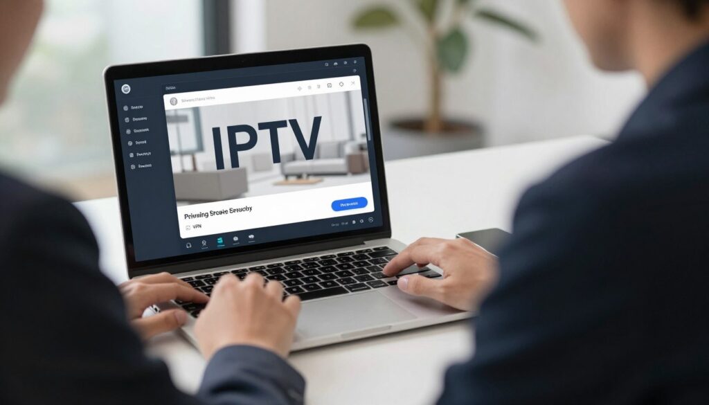 Generate an image of a person streaming IPTV content on a device while ProtonVPN is active in the background, ensuring privacy and security.