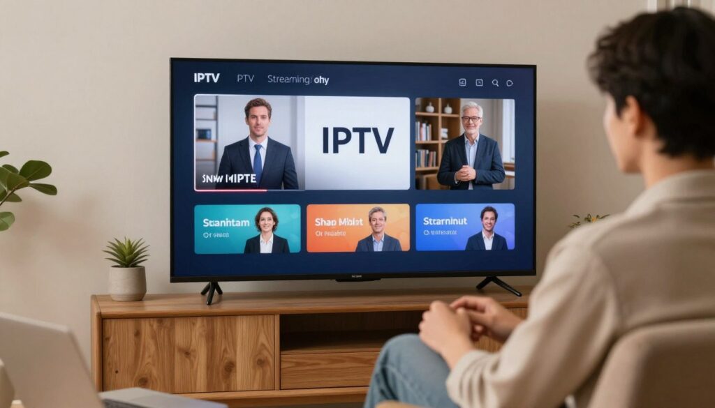 Generate an image of a person streaming IPTV on a TV screen