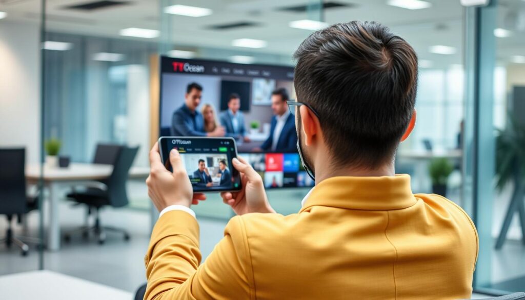 Generate an image of a person streaming a popular TV series using OTTOcean IPTV on their Android device.