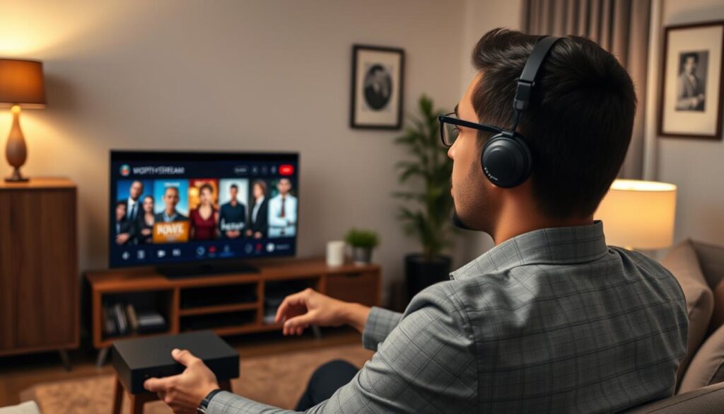 Generate an image of a person streaming a popular movie using Worthystream IPTV on their streaming box.