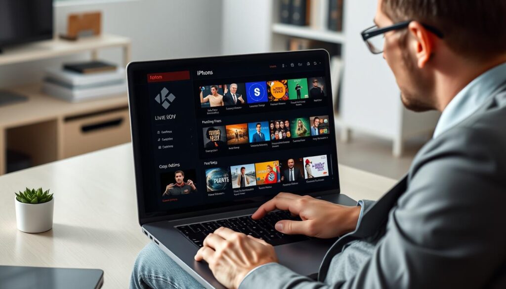 Generate an image of a person streaming live TV on Kodi with various IPTV addons.