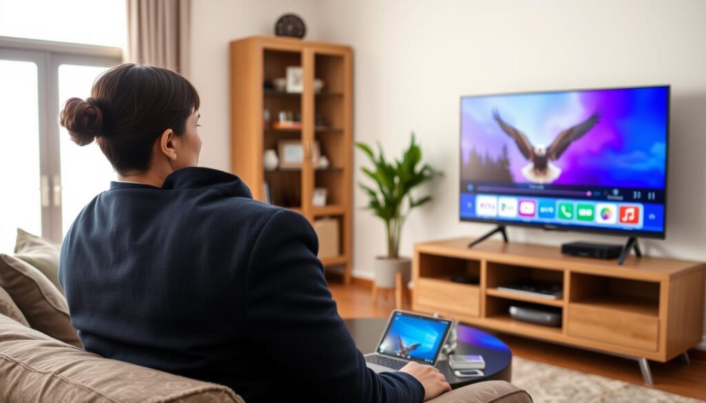 Generate an image of a person streaming their favourite TV show using EagleCast TV on a Smart TV.