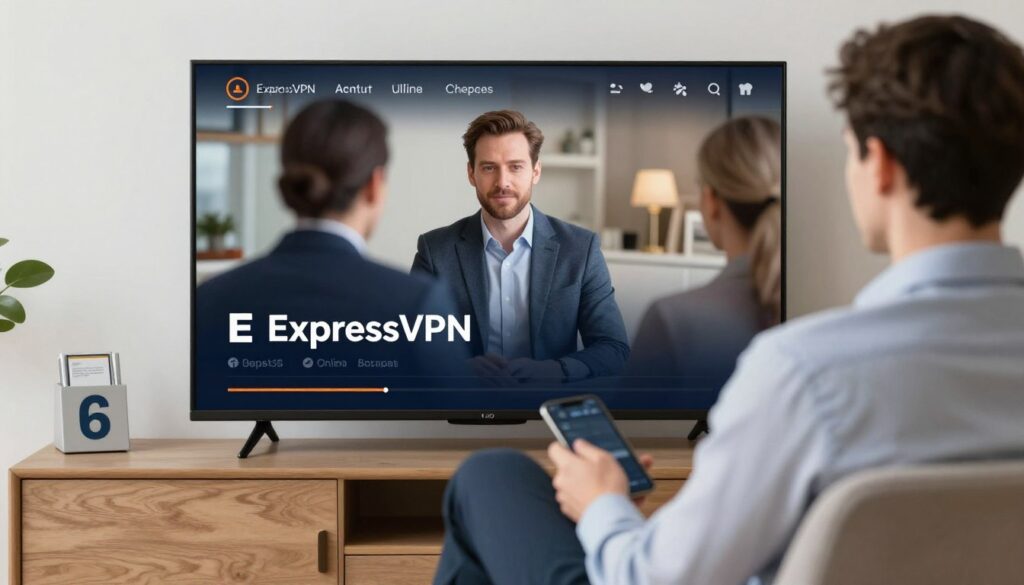 Generate an image of a person streaming their favourite TV show using ExpressVPN on a smart TV.