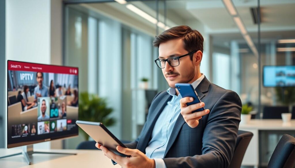 Generate an image of a person testing IPTV on multiple devices