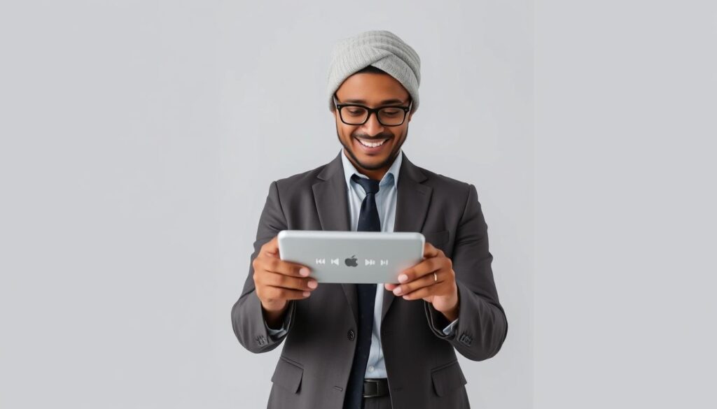 Generate an image of a person tuning into their favourite music channel using IPTVtune IPTV on their iOS device.