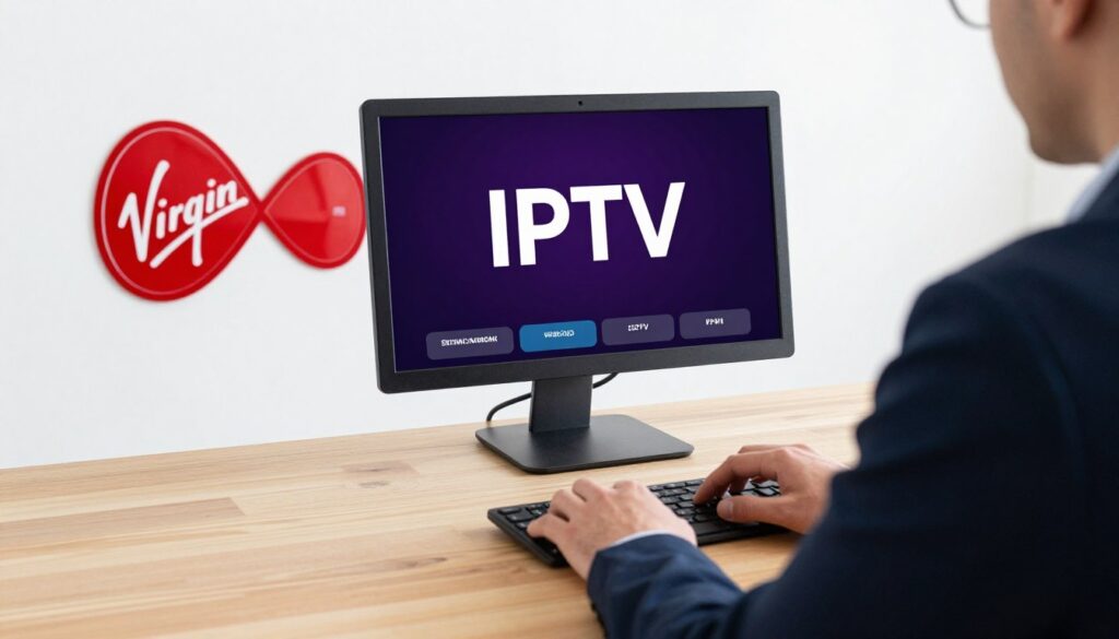 Generate an image of a person using a VPN on their device while streaming IPTV on Virgin Media