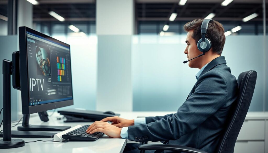 Generate an image of a person using a computer to check IPTV streams Generate an image of a person using a computer to check IPTV streams