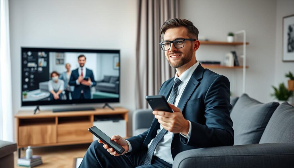 Generate an image of a person using an IPTV app on their Smart TV