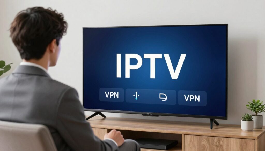 Generate an image of a person watching IPTV on a smart TV with a VPN connection