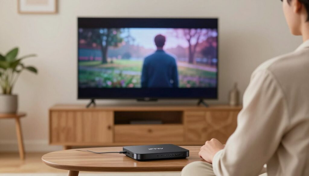 Generate an image of a person watching TV with a budget-friendly IPTV device Generate an image of a person watching TV with a budget-friendly IPTV device