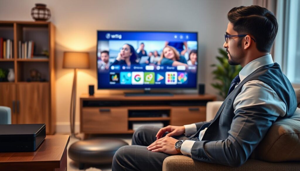 Generate an image of a person watching TV with a modern streaming device connected to a traditional TV setup.