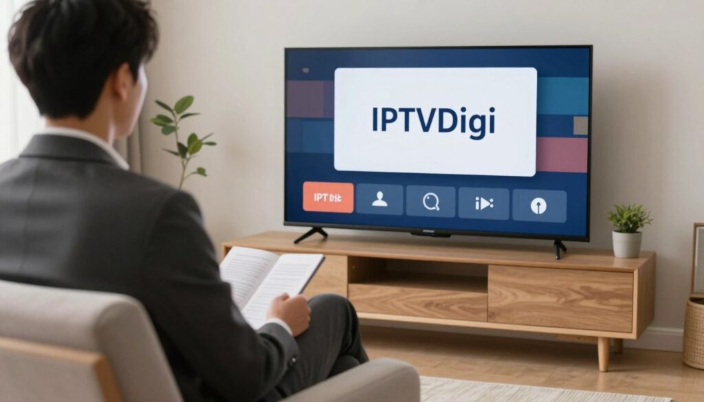 Generate an image of a person watching TV with a stable and clear stream on their device, highlighting the reliability of IPTVDigi.