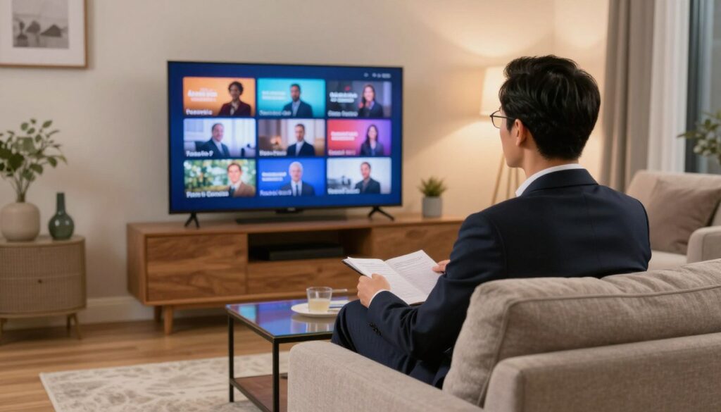 Generate an image of a person watching TV with a variety of North American channels on the screen.