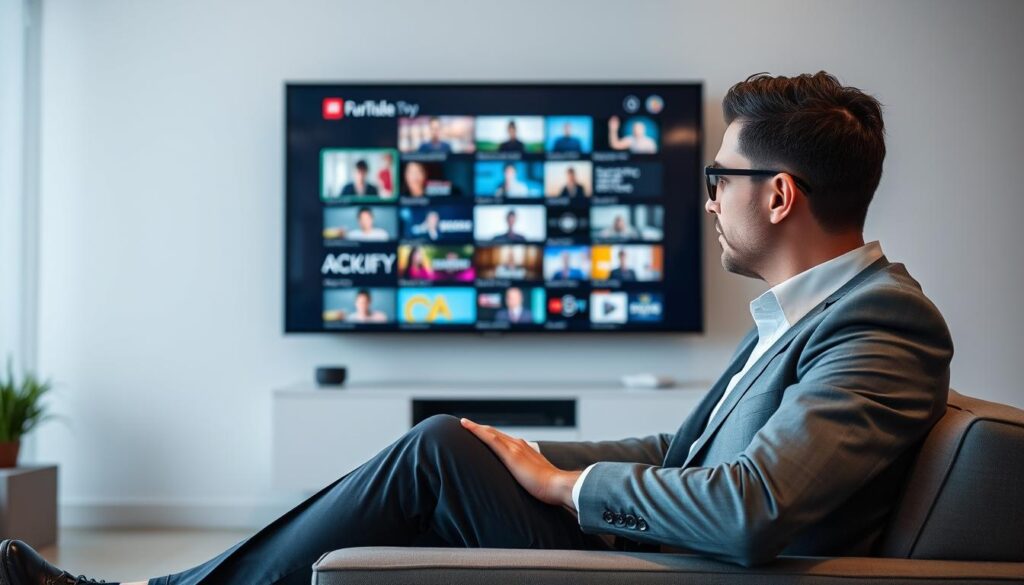 Generate an image of a person watching TV with a variety of channels on the screen
