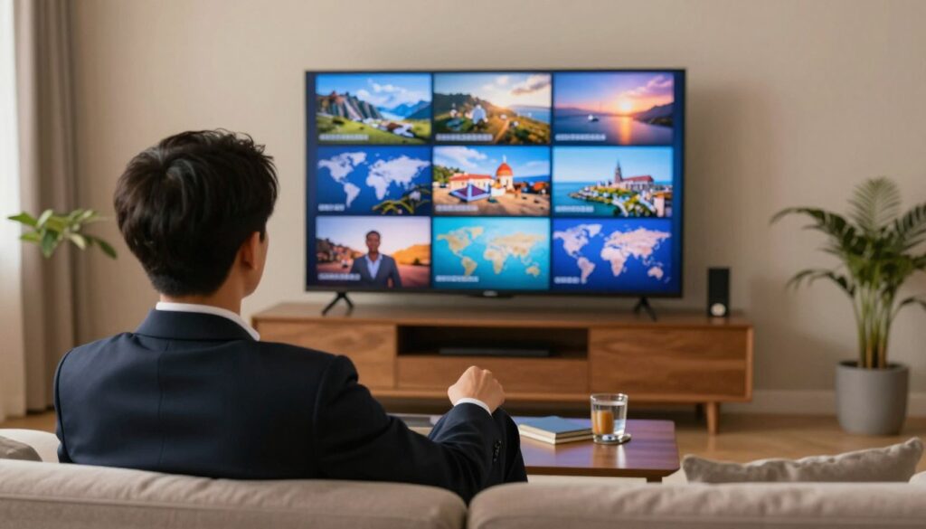 Generate an image of a person watching TV with channels from around the world