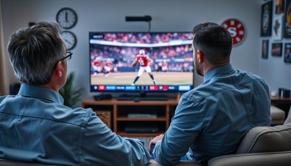 Generate an image of a person watching a live sports event using Majestic IPTV on their Smart TV.
