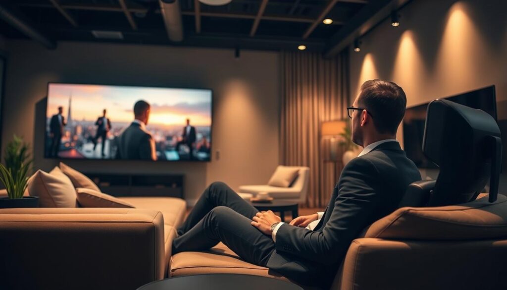 Generate an image of a person watching a movie on Bunnystream.