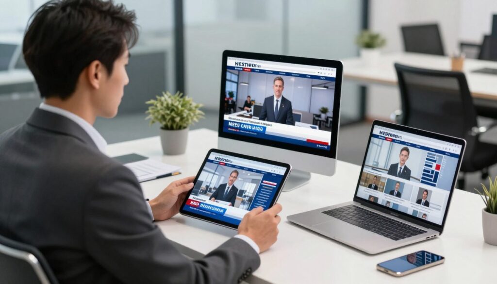 Generate an image of a person watching news on multiple devices