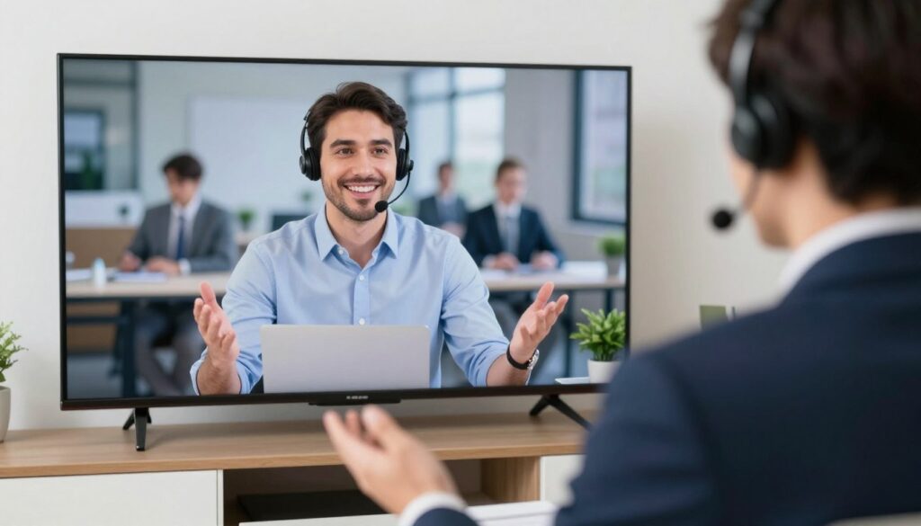 Generate an image of a person watching sports on their TV with a satisfied expression, with a customer support representative on the screen. Generate an image of a person watching sports on their TV with a satisfied expression, with a customer support representative on the screen.