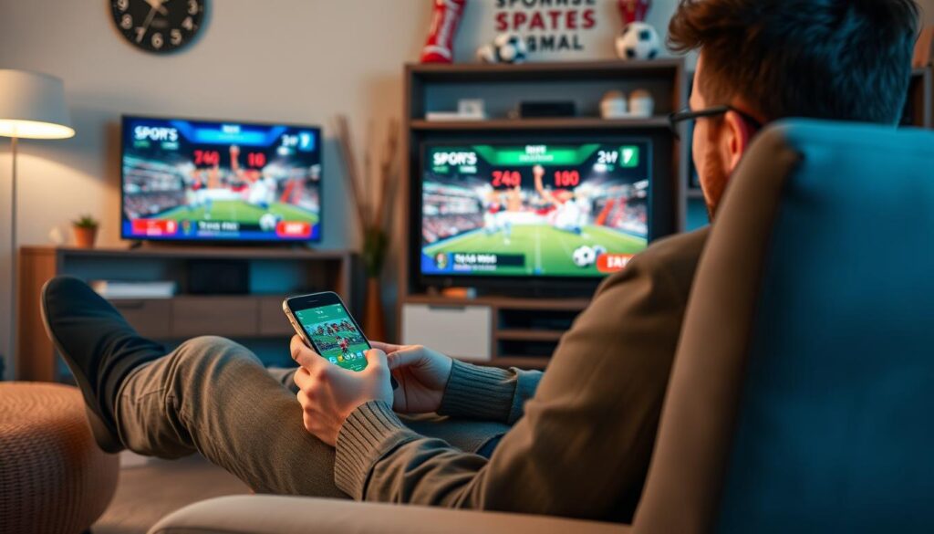 Generate an image of a person watching their favourite sports channel using TiVistation IPTV on a mobile device.