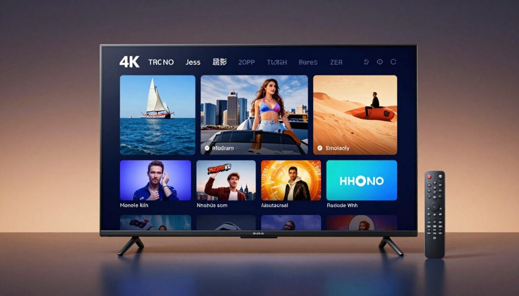 Generate an image of a premium TV screen displaying 4K content with a sleek remote control. Generate an image of a premium TV screen displaying 4K content with a sleek remote control.