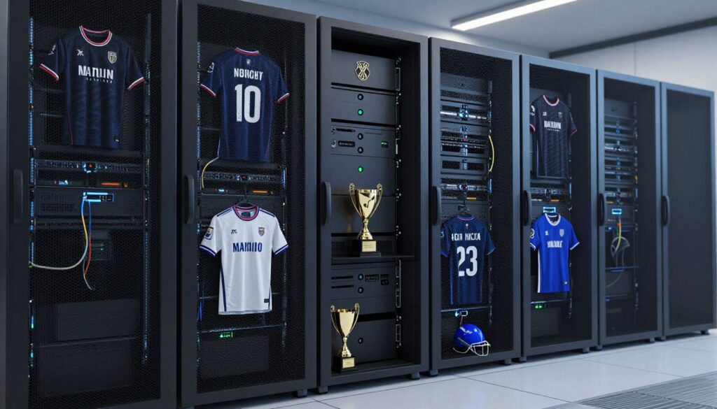 Generate an image of a server room with a sports theme overlay.