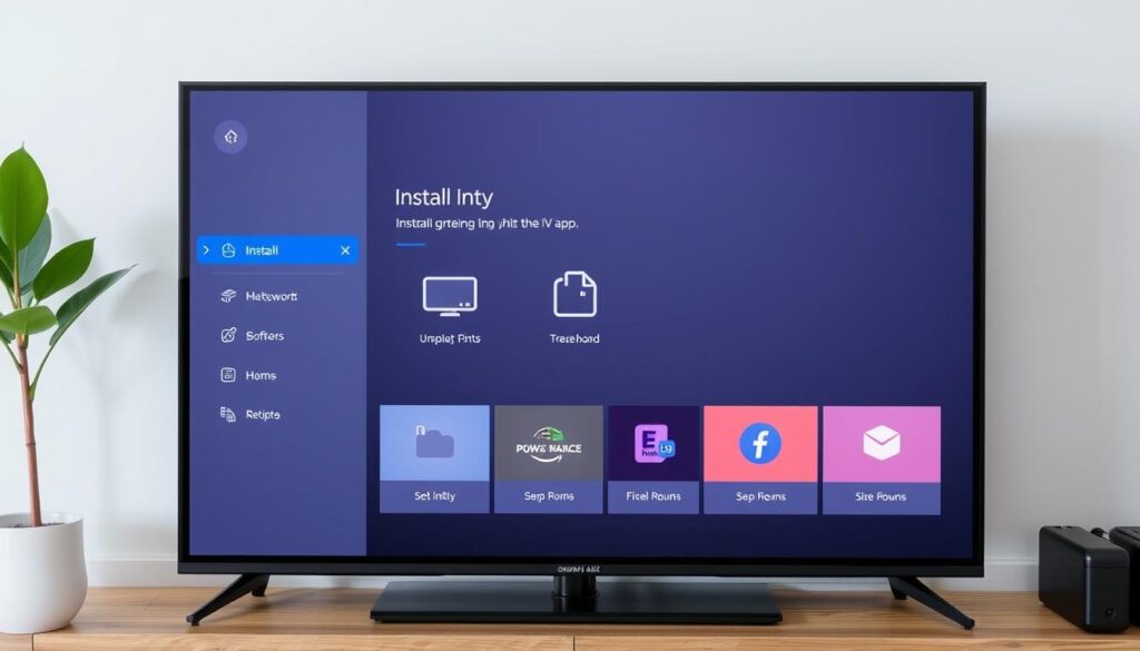 Generate an image of a smart TV screen showing the IPTV app installation process