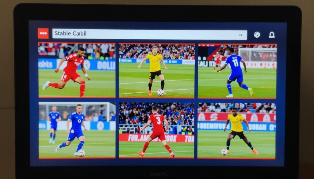 Generate an image of a sports channel being streamed on a device with a stable connection indicator. Generate an image of a sports channel being streamed on a device with a stable connection indicator.