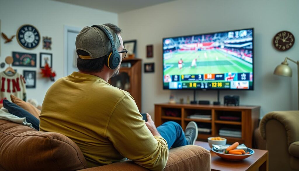 Generate an image of a sports enthusiast watching a live match on FuboTV