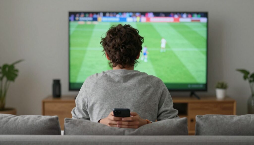 Generate an image of a sports enthusiast watching a live match on their TV with a satisfied expression.