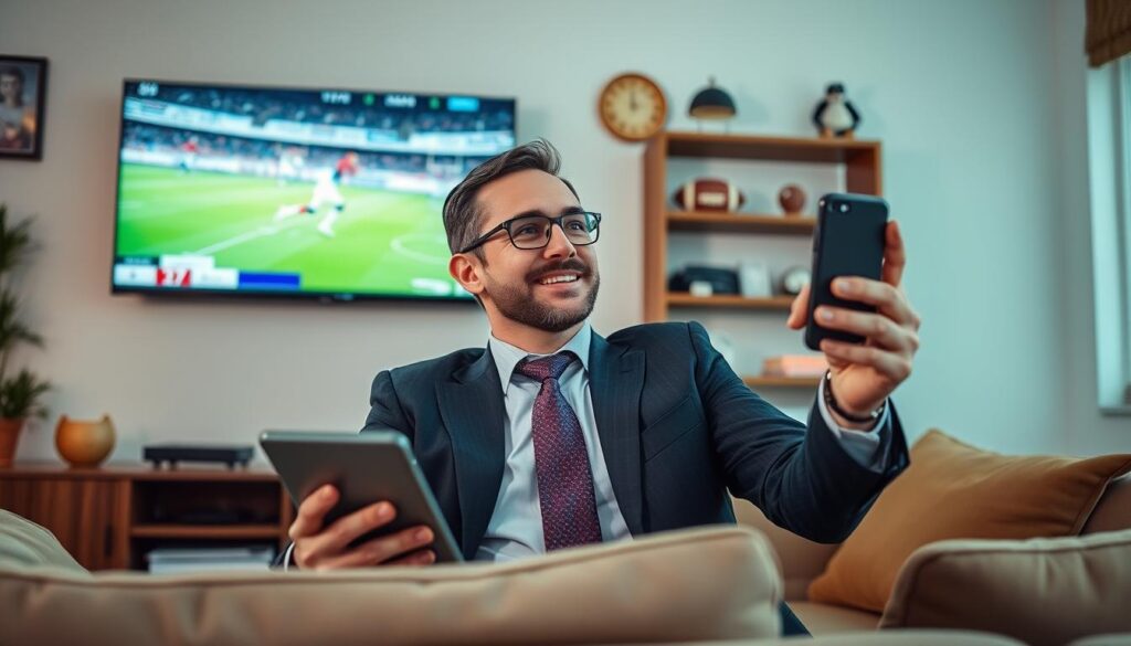 Generate an image of a sports enthusiast watching live sports on multiple devices with XCodes IPTV Generate an image of a sports enthusiast watching live sports on multiple devices with XCodes IPTV