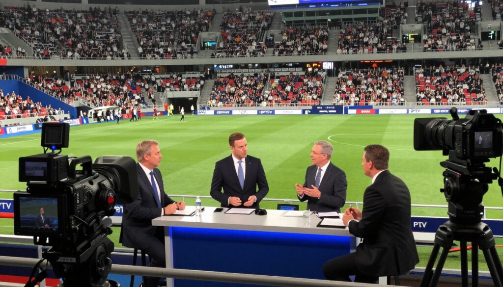 Generate an image of a sports event being broadcast on IPTV. Generate an image of a sports event being broadcast on IPTV.