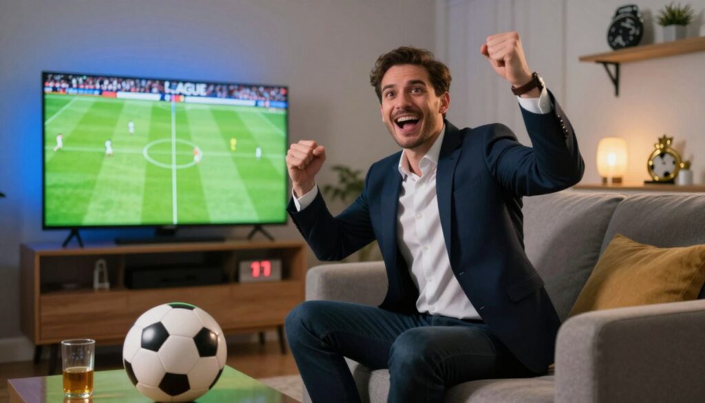 Generate an image of a sports fan watching Premier League on IPTV