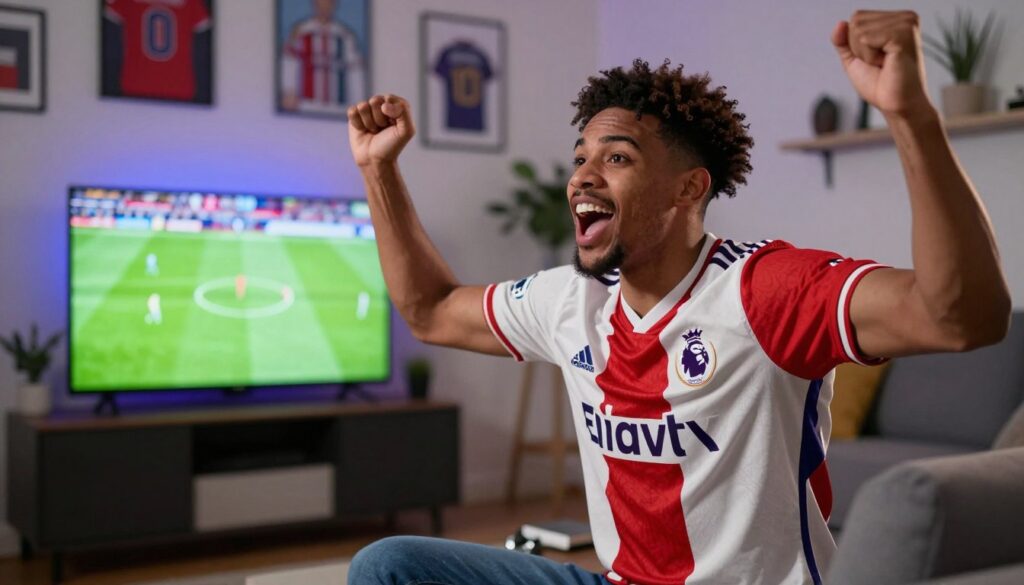 Generate an image of a sports fan watching Premier League on IPTV