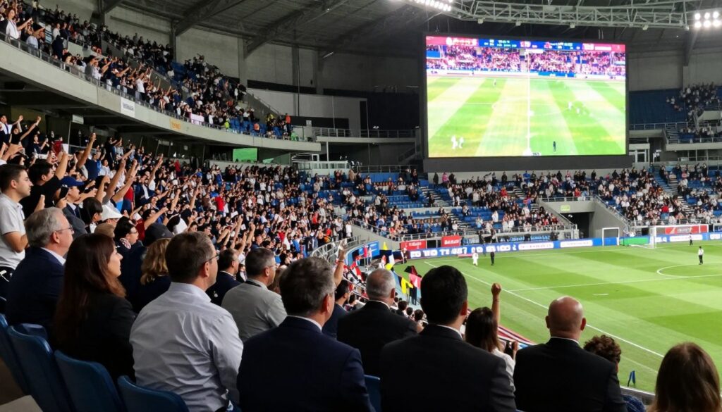 Generate an image of a sports stadium with a TV screen in the foreground displaying a live sports match.