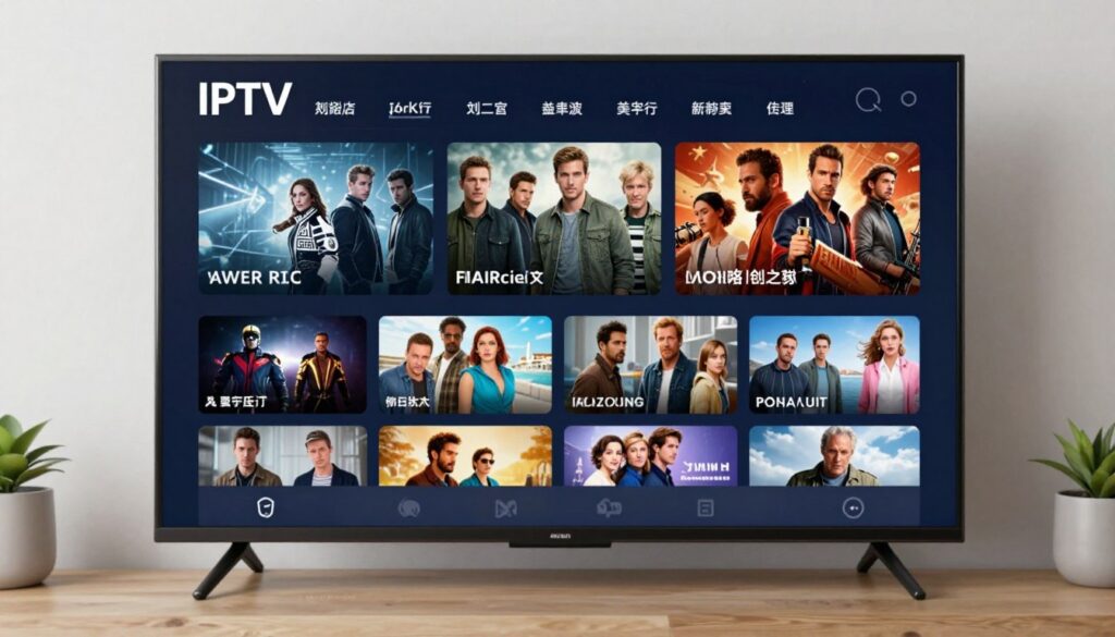 Generate an image of a vast IPTV content library on a TV screen. Generate an image of a vast IPTV content library on a TV screen.