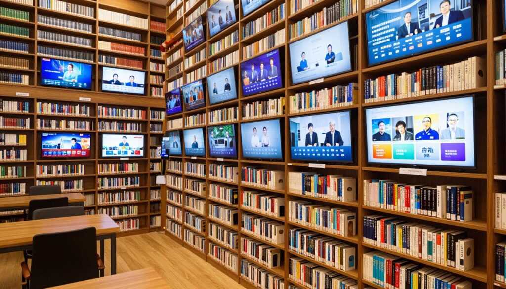 Generate an image of a vast library with numerous screens displaying different channels and content. Generate an image of a vast library with numerous screens displaying different channels and content.