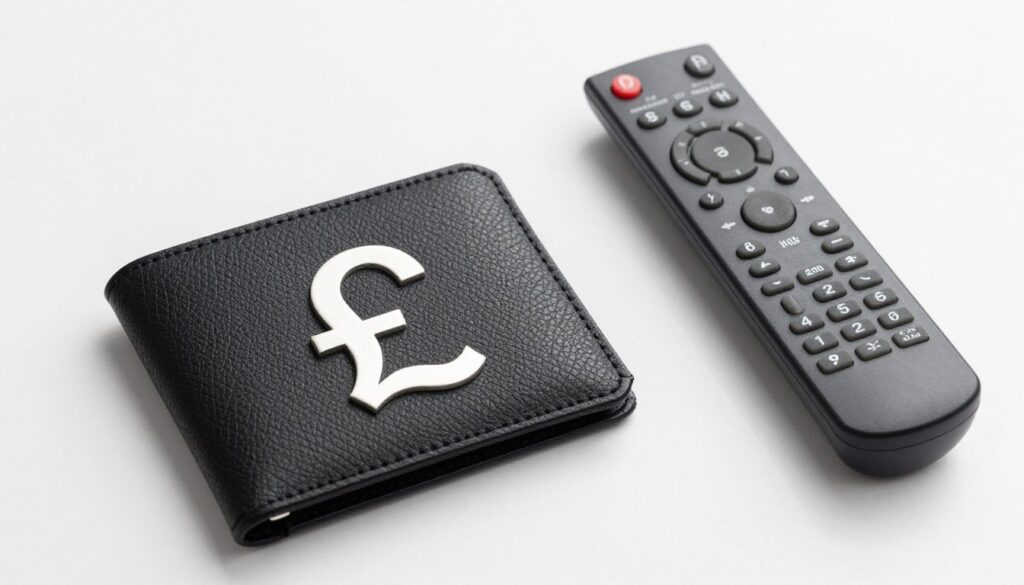 Generate an image of a wallet with a pound sign (£) symbol, alongside a TV remote control.