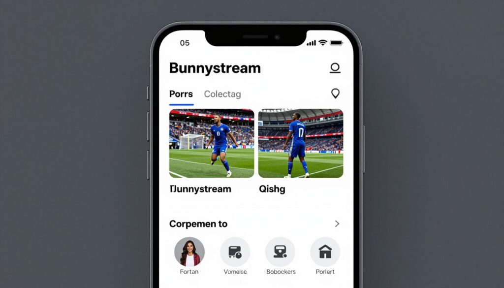 Generate an image of the Bunnystream interface on a mobile device, highlighting its live sports features and customer support options.