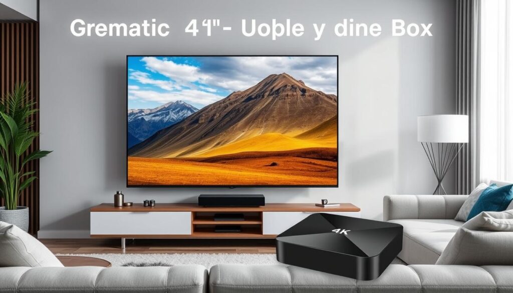 Generate an image of the Ematic 4K Android TV Box, highlighting its 4K resolution capability on a connected TV.