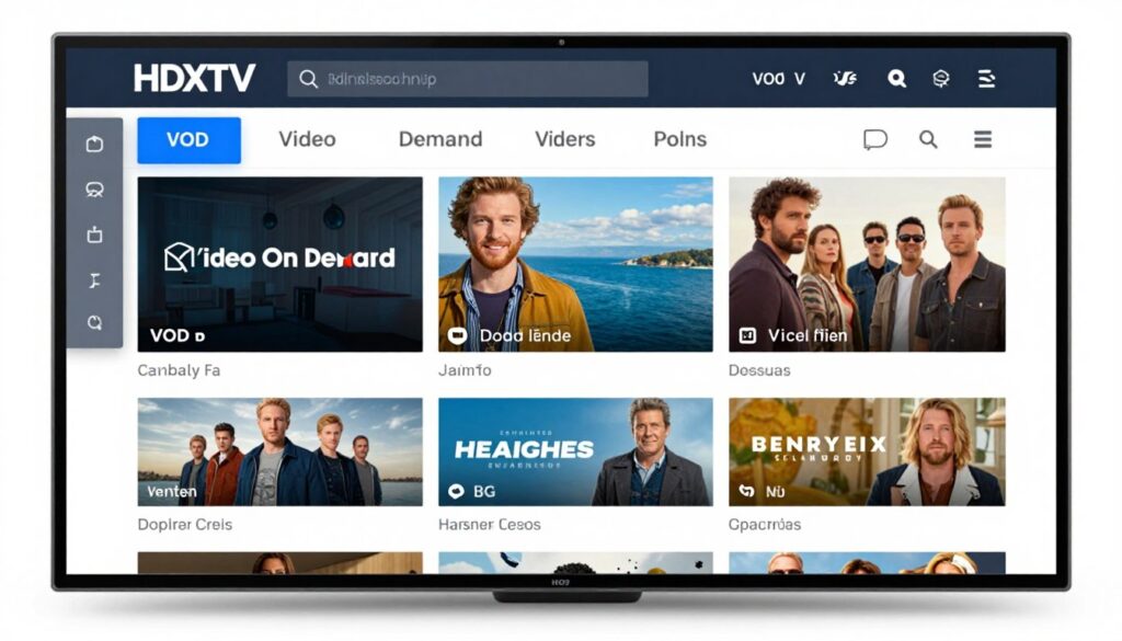 Generate an image of the HDXTV interface showcasing its VOD library Generate an image of the HDXTV interface showcasing its VOD library