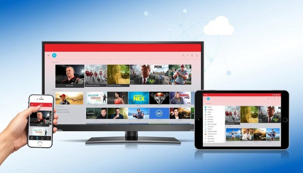 Generate an image of the IPTV Pro application on multiple devices, highlighting its cross-device synchronisation feature.
