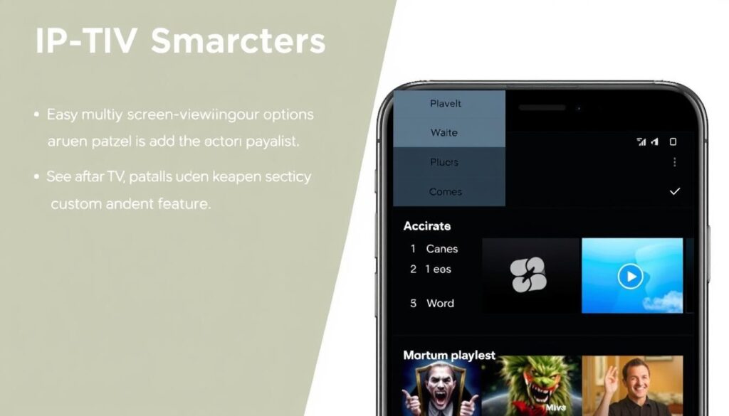 Generate an image of the IPTV Smarters app interface showcasing its multi-screen viewing options and custom playlist feature.