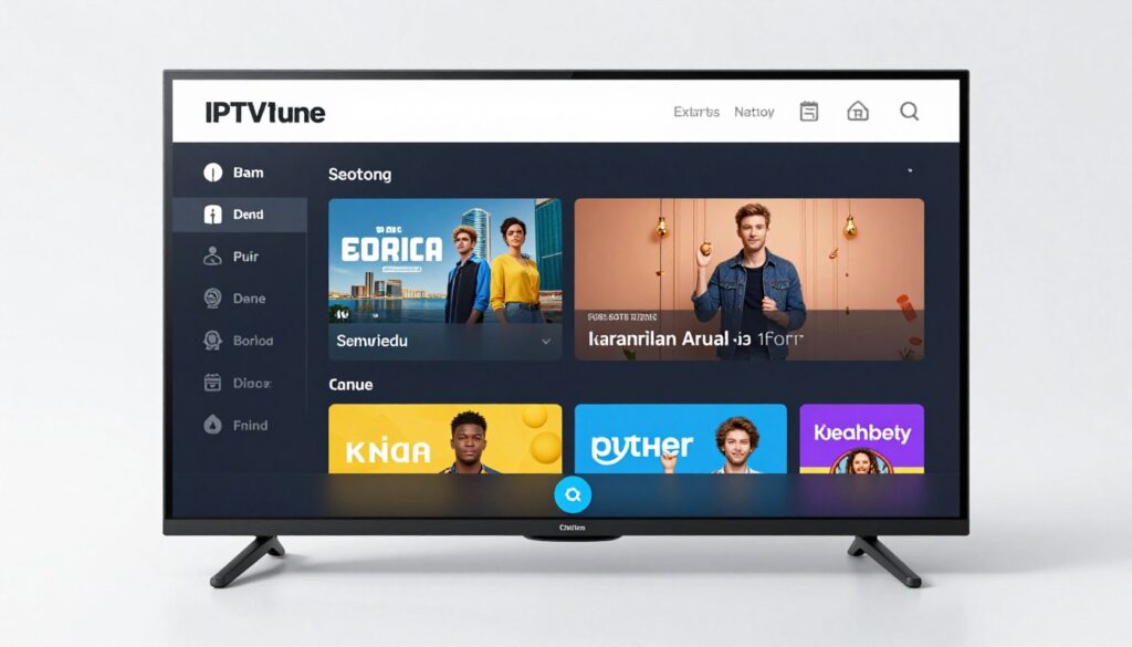 Generate an image of the IPTVtune interface on a streaming device, highlighting its features and channel options.