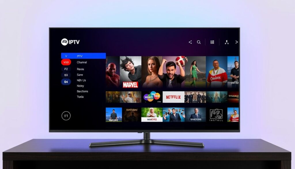 Generate an image of the Majestic IPTV interface highlighting its extensive channel selection and VOD library.