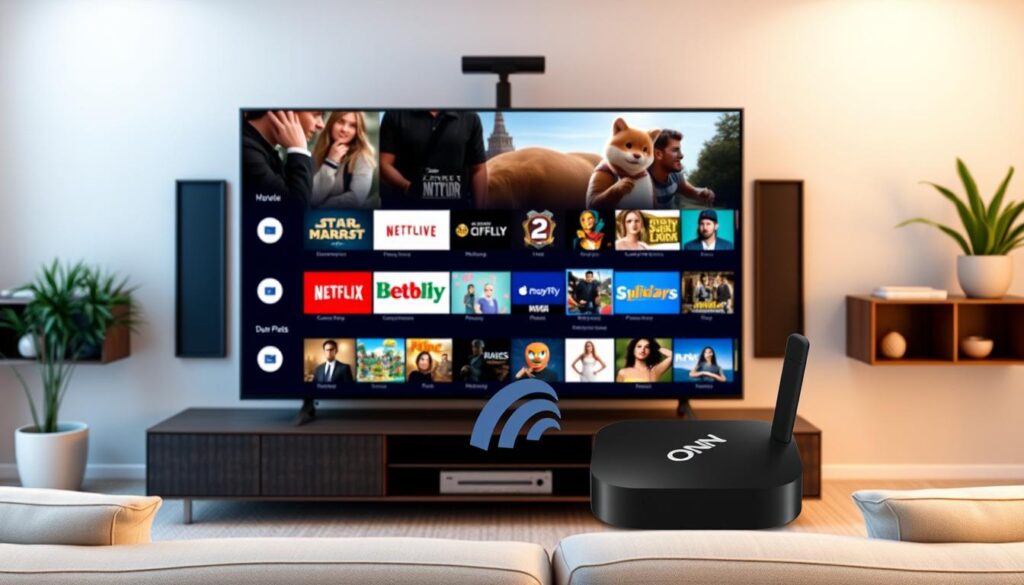Generate an image of the Onn Android TV Box connected to a TV, displaying a variety of streaming apps.
