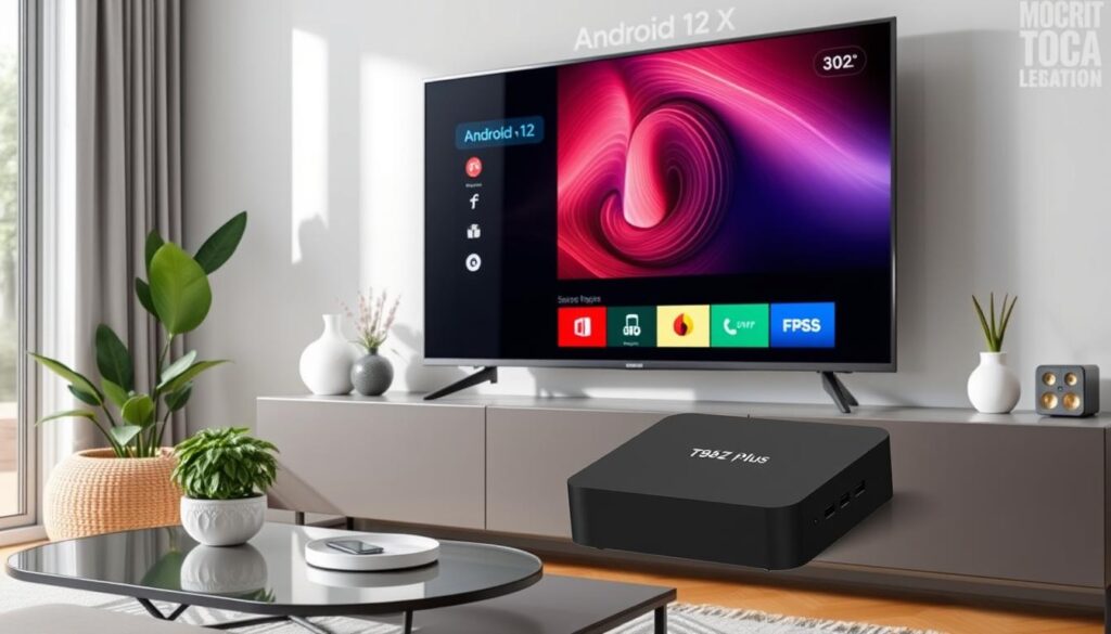 Generate an image of the T95Z Plus Smart Android TV Box, showcasing its sleek design and Android 12 interface.