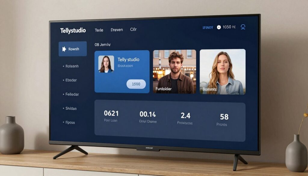 Generate an image of the Tellystudio interface on a smart TV, highlighting its user-friendly features.